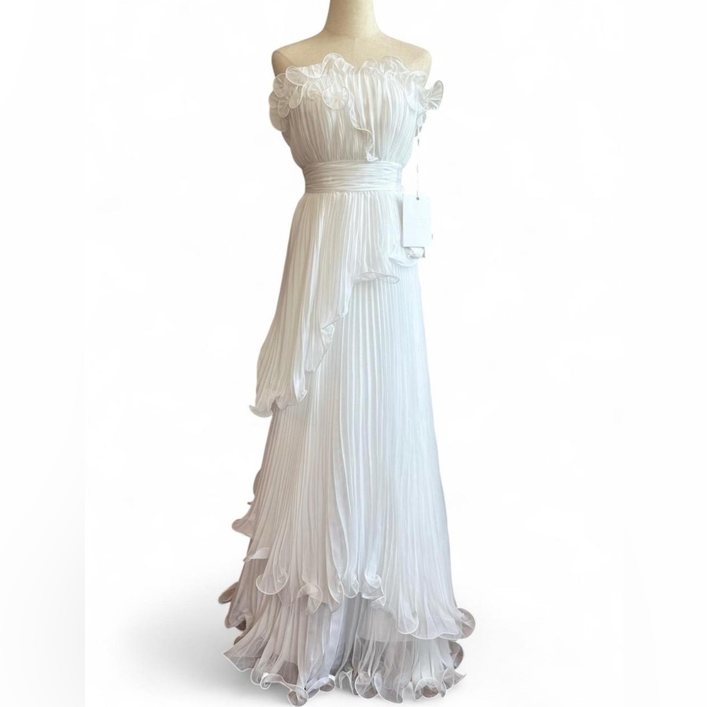 004 - Mac Duggal #49537 White Strapless Ruffle Tiered Chiffon Gown,Bridal Size 2